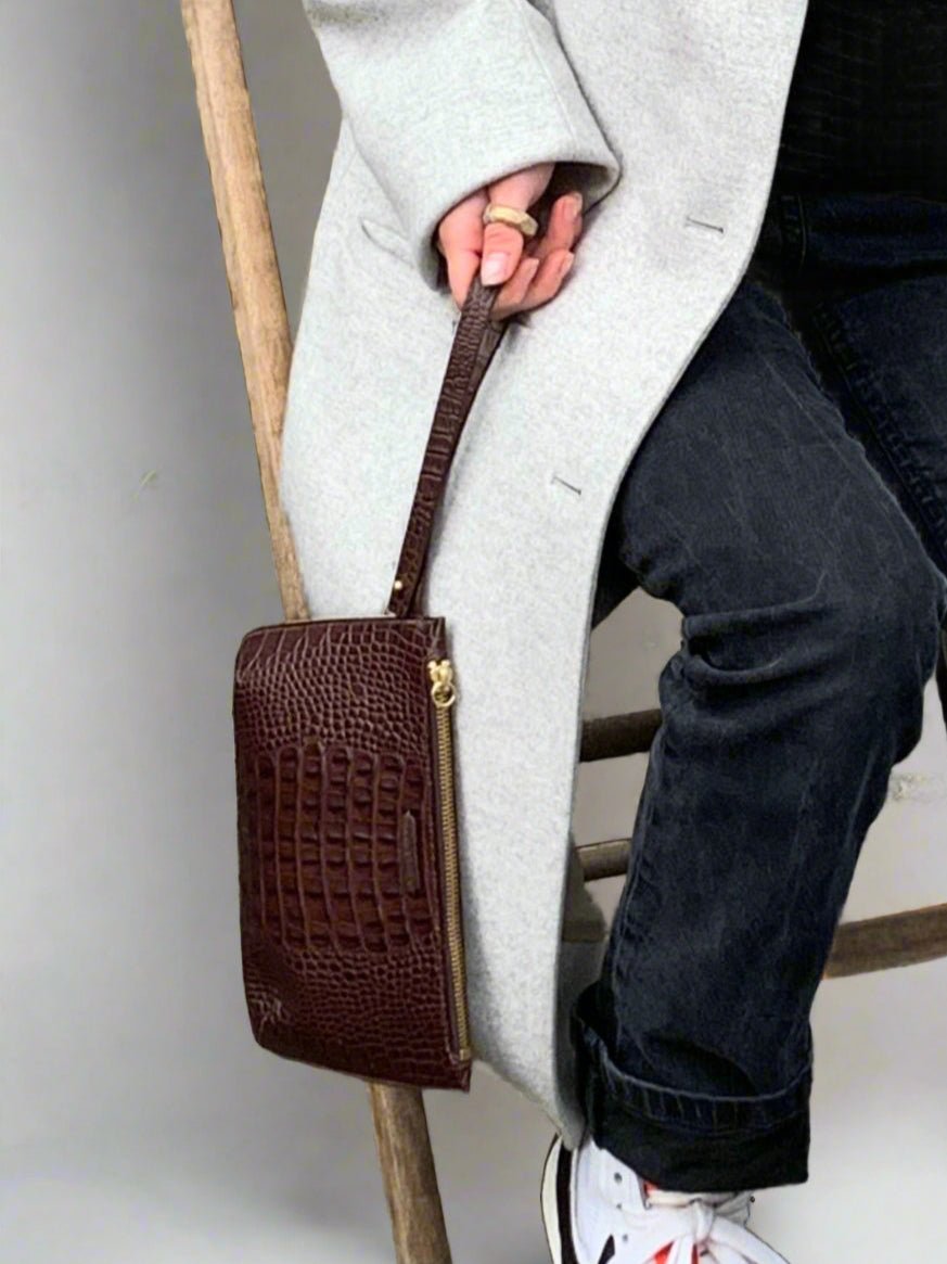 Cavell clutch in brown croc print leather - Handmade by Keep - Studio, Somerset