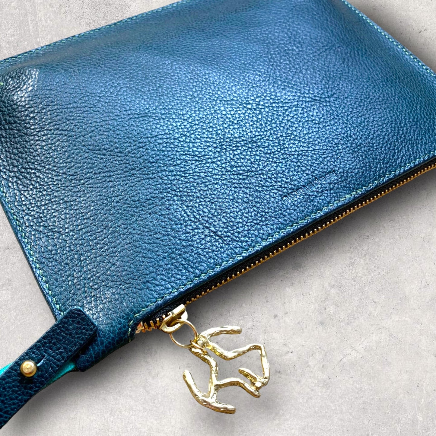 Zipper pouch for inside a tote bag in petrol coloured leather with a Large brass KS branded zip pull - Keep - Studio