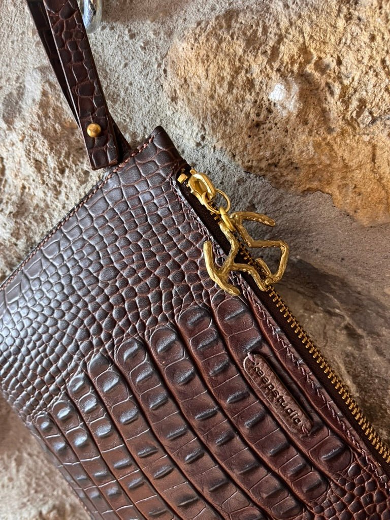 Cavell clutch in brown veg tanned croc print leather , KS branded brass zip pull Keep - Studio