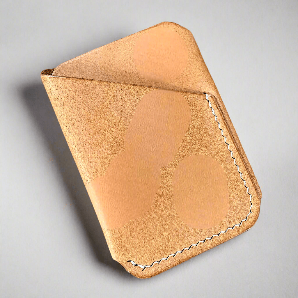 A wrap style card wallet in natural undyed veg tanned leather with cream hand stitching