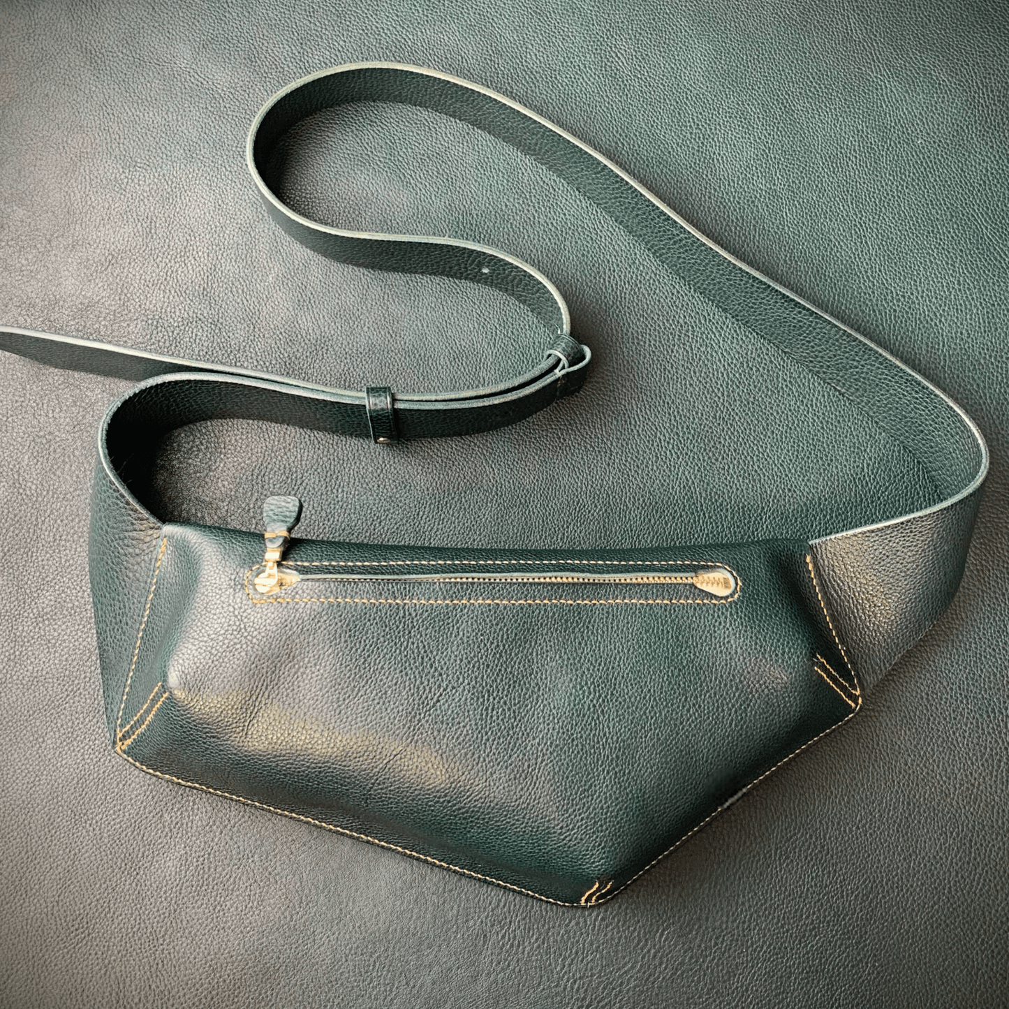 Petrol Tumbled Leather Belt Bag With Zip Fastening and Mustard Coloured Thread