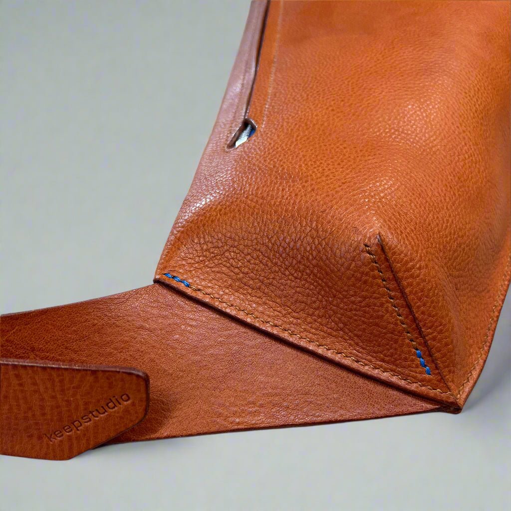 Handmade Large Leather Cross Body Bag – Elton Design by Keep Studio - Keep - Studio. Tan leather with cobalt deco stitch