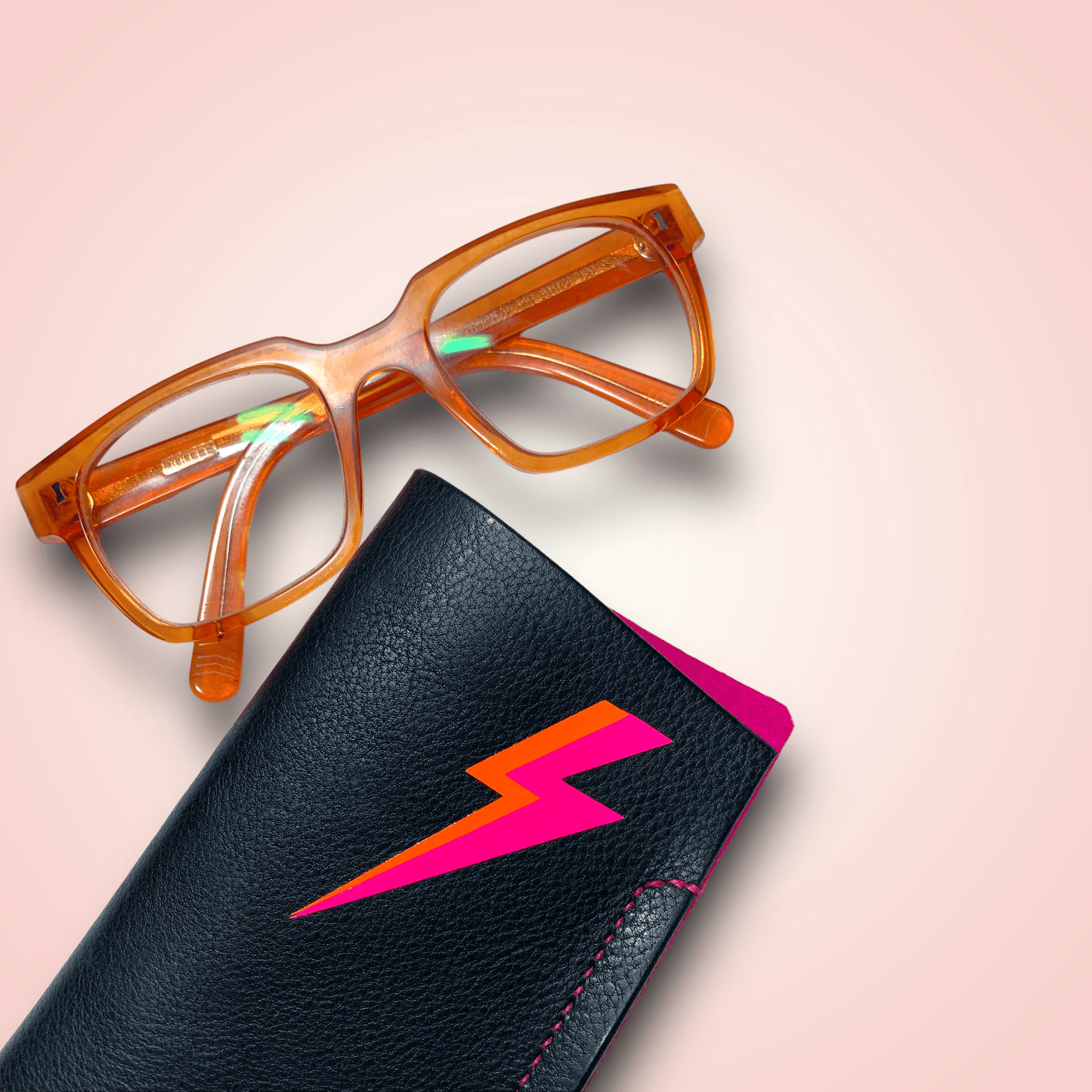 Leather Glasses sleeve with neon lightening bolt