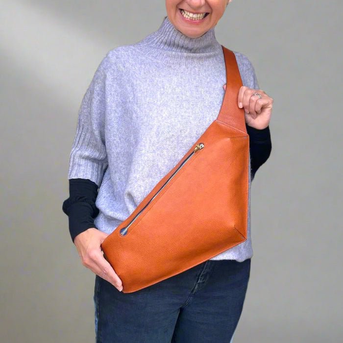 model wearing Handmade Large Leather Cross Body Bag – Elton Design by Keep Studio