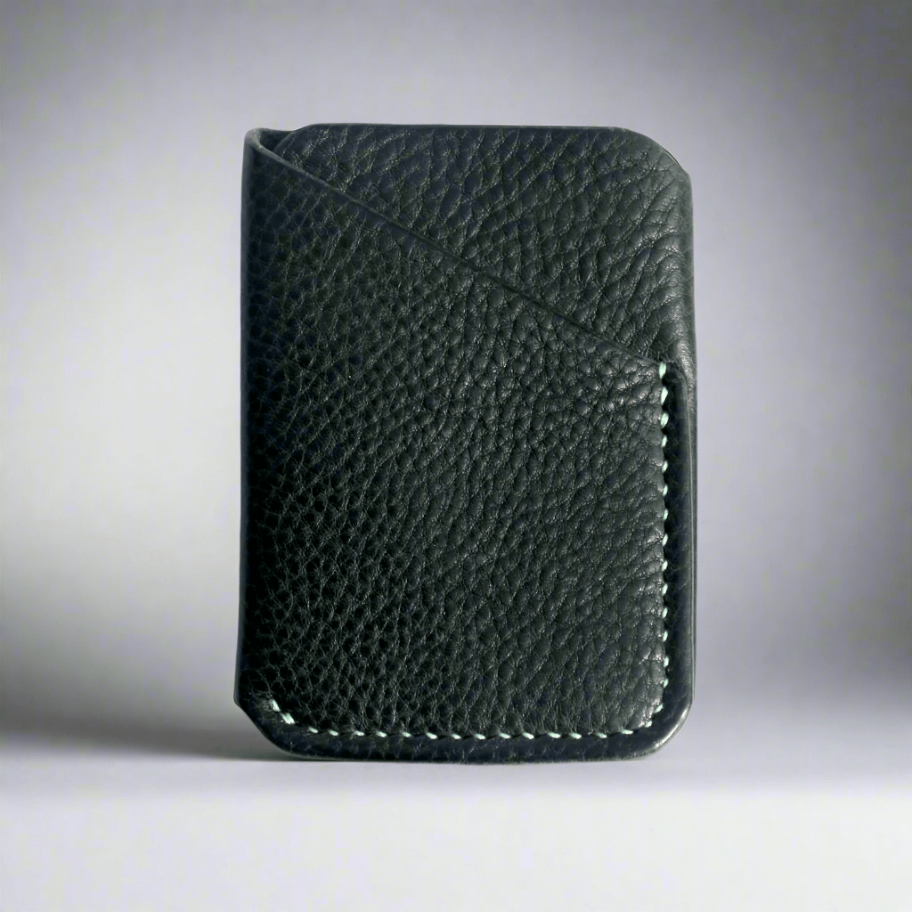 petrol tumbled leather wrap card wallet with mint green hand stitching