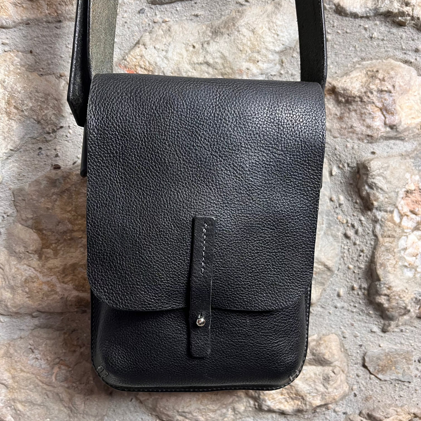 Handmade black cross body bag hand stitched in England