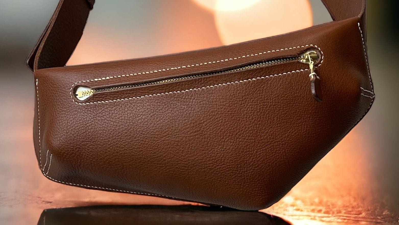 Small Belt Bag|Tan Leather With Cream Stitching And Zip Fastening 