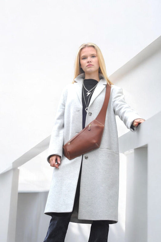 Handmade Asymmetric Cross Body Bag In Tan 