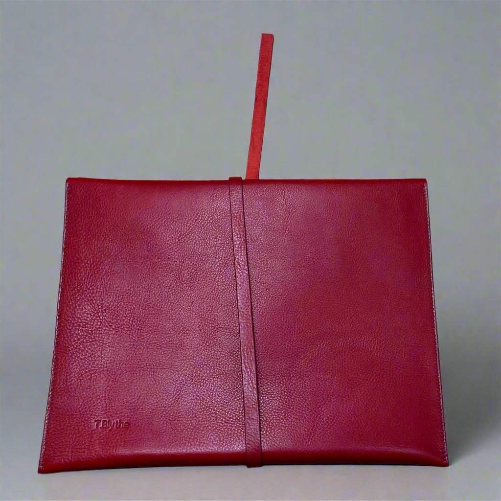 back view of the keep-studio wrap ipad case in red leather 