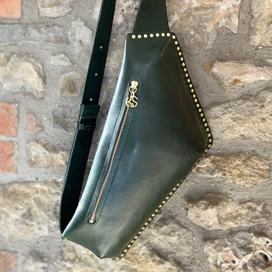 Asymmetric green bum bag with stud detail  adn zip top