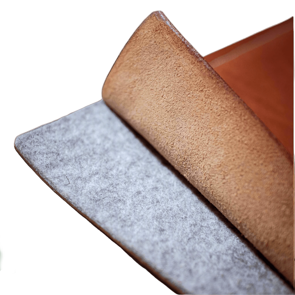 close up of a laptop sleeve in dark tan leather and grey marl felt