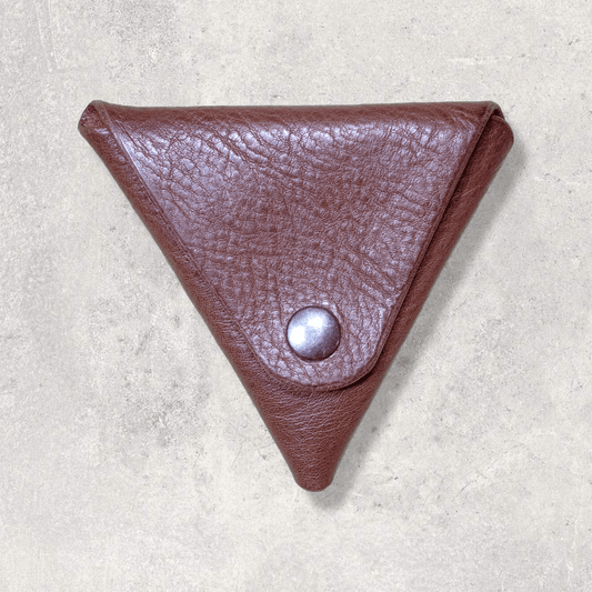 A triangle Leather Pouch purse style wallet in brown leather with antique brass poppers 