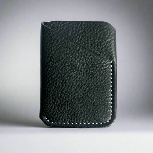 petrol tumbled  leather wrap card wallet with mint green hand stitching 